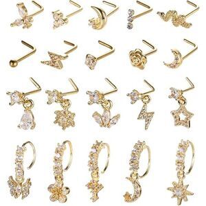 SAMOCO 20Pcs 20G L Shaped Dangle Nose Rings Stainless Steel CZ Flower Studs